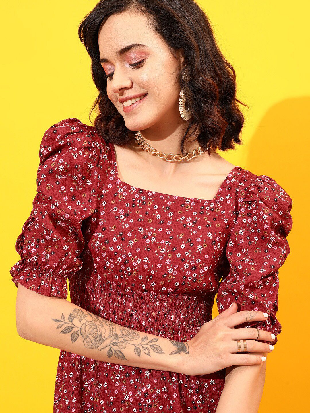 STREET 9 Puff Sleeves Tiered Georgette A-Line Dress