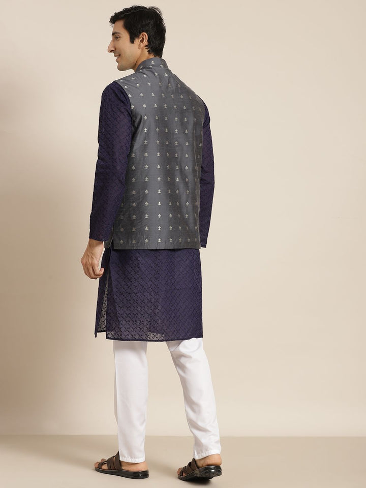 SOJANYA Lelaki Navy Blue Ethnic Chikankari Pure Cotton Kurta with Churidar & Nehru Jacket