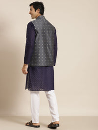 SOJANYA Lelaki Navy Blue Ethnic Chikankari Pure Cotton Kurta with Churidar & Nehru Jacket