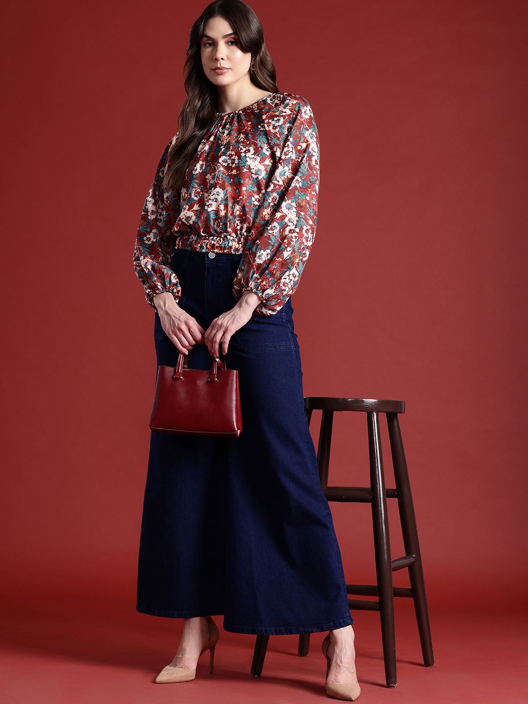 all about you Floral Print Cinched Waist Raglan Puffed Sleeves Top