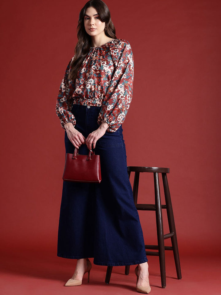 all about you Floral Print Cinched Waist Raglan Puffed Sleeves Top