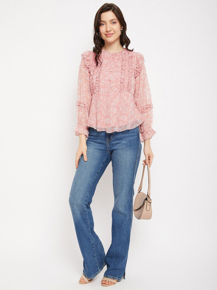 Antheaa Floral Printed Puff Sleeves Chiffon Top