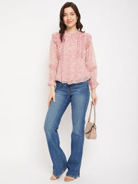 Antheaa Floral Printed Puff Sleeves Chiffon Top