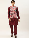 SOJANYA Men Maroon & Pink Kurta with Churidar And Nehru Jacket