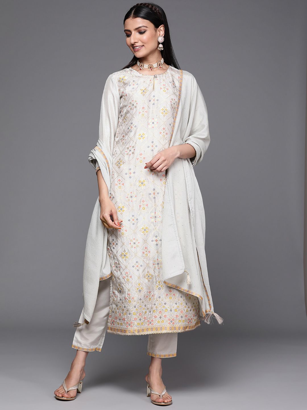 Libas Women Grey & Gold Ethnic Motifs Straight Kurta with Trousers & With Dupatta