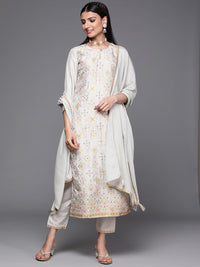 Libas Women Grey & Gold Ethnic Motifs Straight Kurta with Trousers & With Dupatta