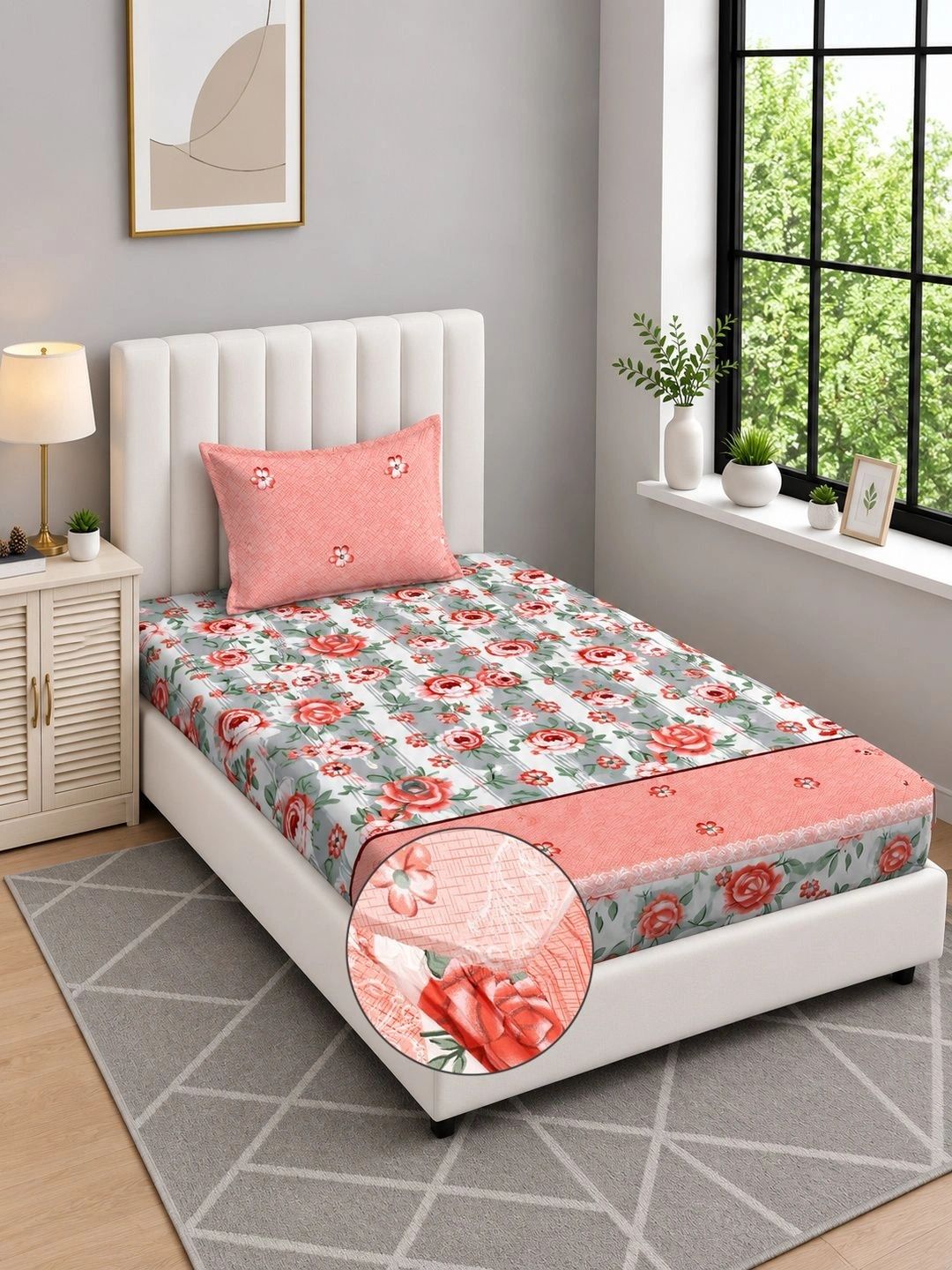 Moda Rapido X KLOTTHE Multicoloured & Pink Floral 300 TC Single Bedsheet with 1 Pillow Covers