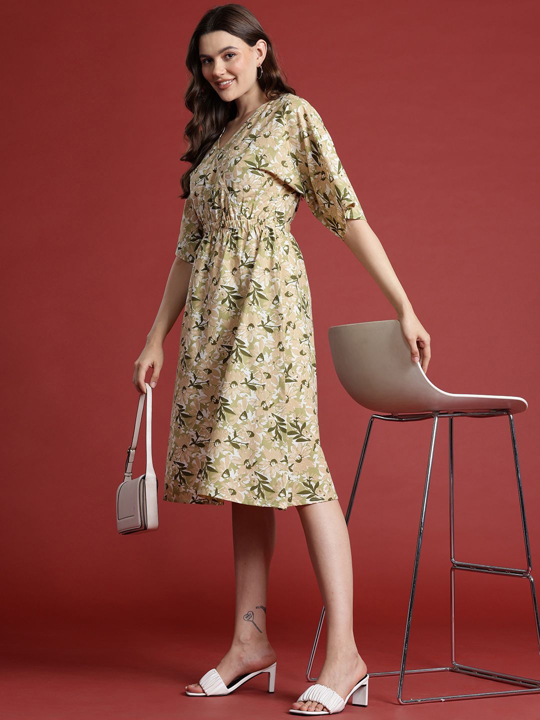 all about you Pure Cotton Floral Print Flared Sleeves Wrap Dress