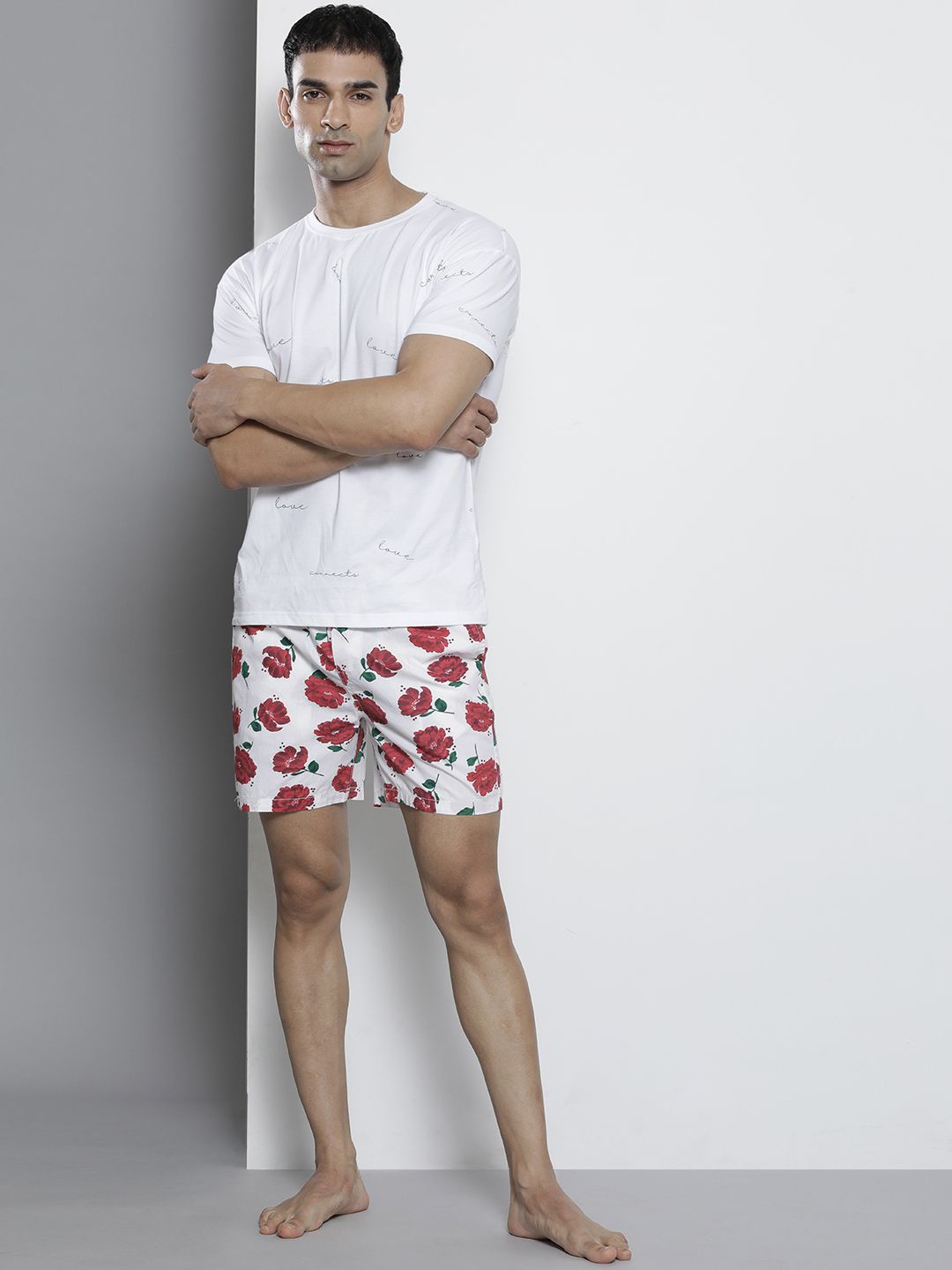 The Indian Garage Co Men White & Red Printed Cotton Lounge Shorts