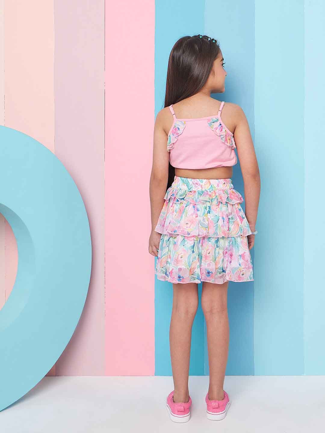pspeaches Girls Round Neck Ruffled Top with Skirt