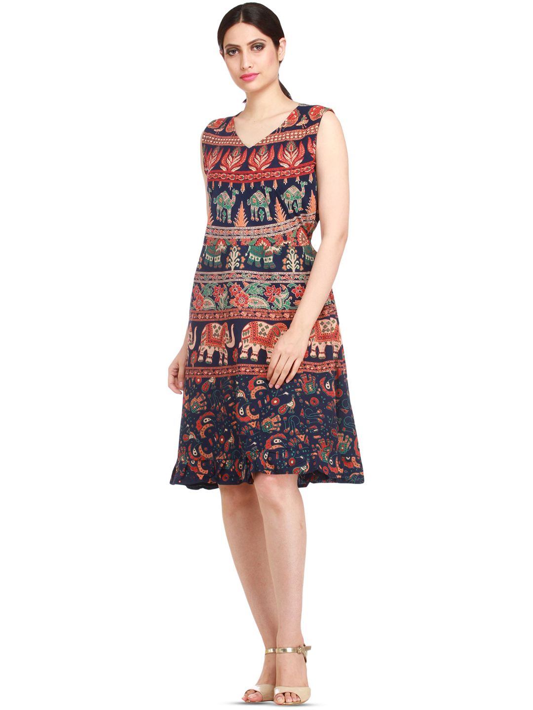 Exotic India Medieval Blue Elephants and Camels Printed Pure Cotton Summer Dress