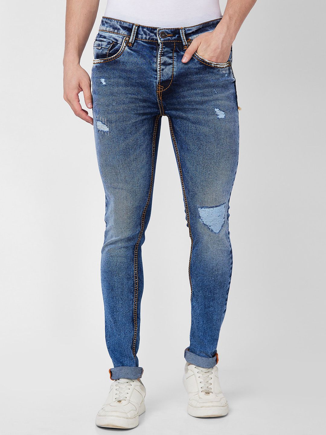 SPYKAR Men Skinny Fit Low-Rise Mildly Distressed Heavy Fade Whiskers Cotton Jeans