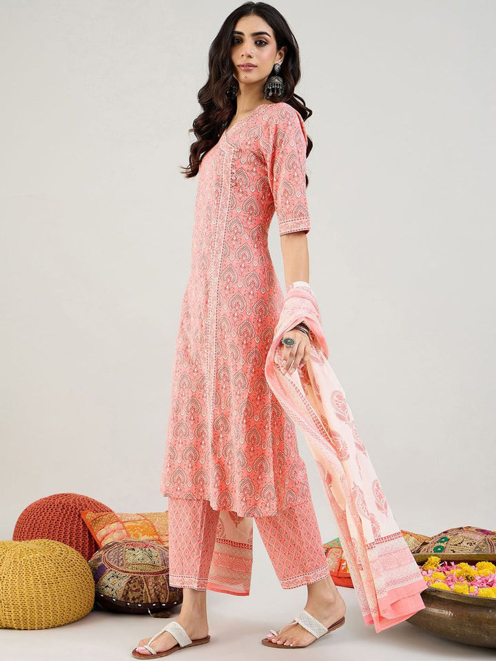 Indo Era Ethnic Motifs Printed Angrakha Pure Cotton Kurta With Trousers & Dupatta