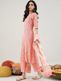 Indo Era Ethnic Motifs Printed Angrakha Pure Cotton Kurta With Trousers & Dupatta