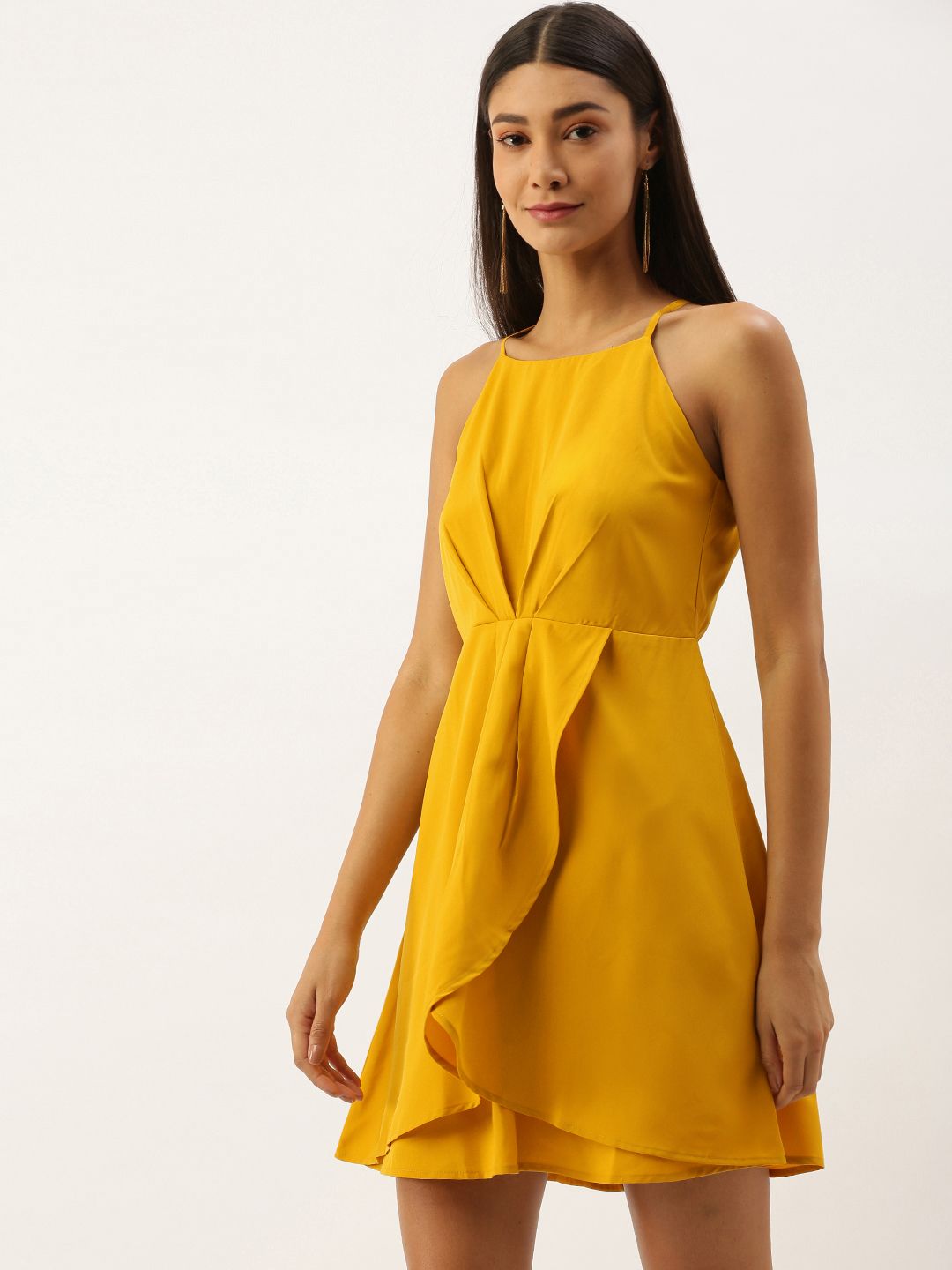 Berrylush Women Mustard Yellow Solid Pleated Ruffled A-Line Dress