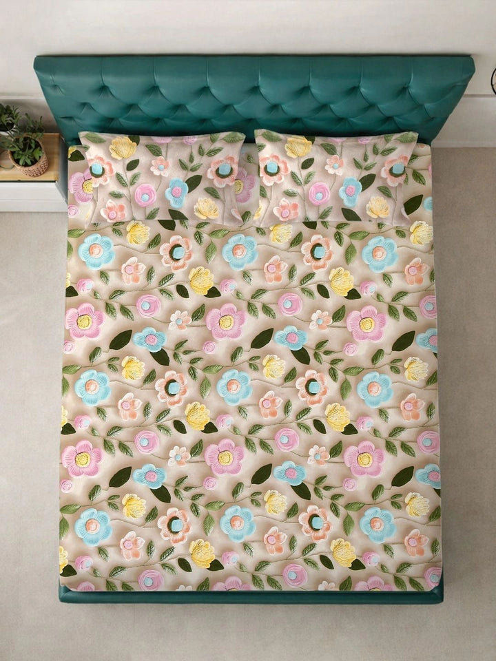 Myntra Elegant Homes Beige Floral 400 TC King Bedsheet with 2 Pillow Covers