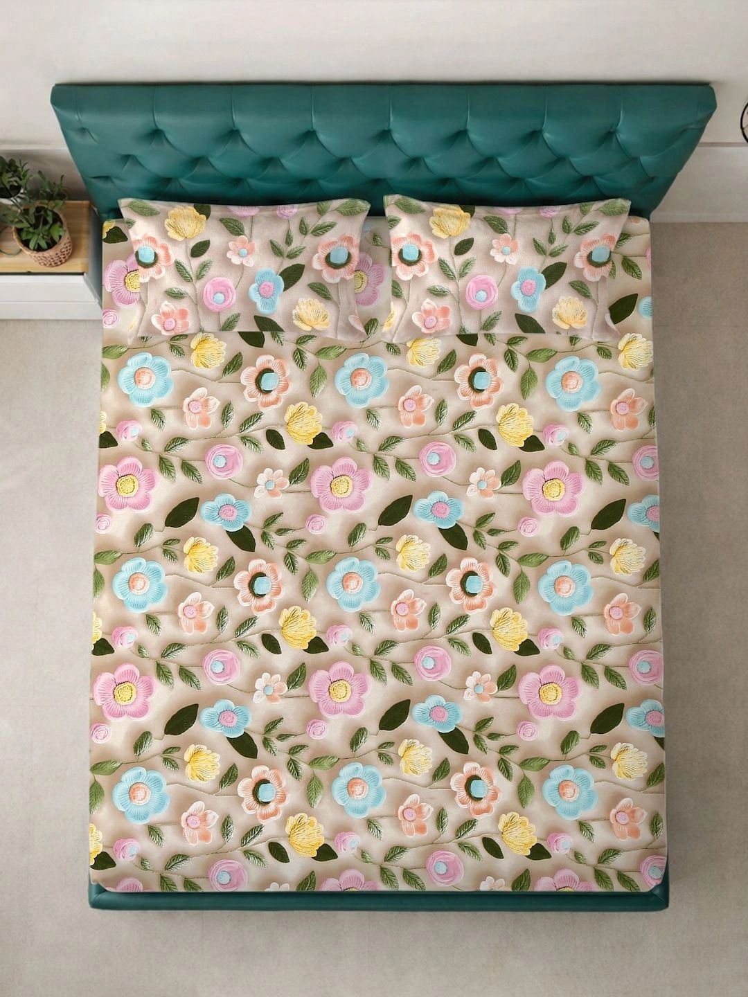 Myntra Elegant Homes Beige Floral 400 TC King Bedsheet with 2 Pillow Covers