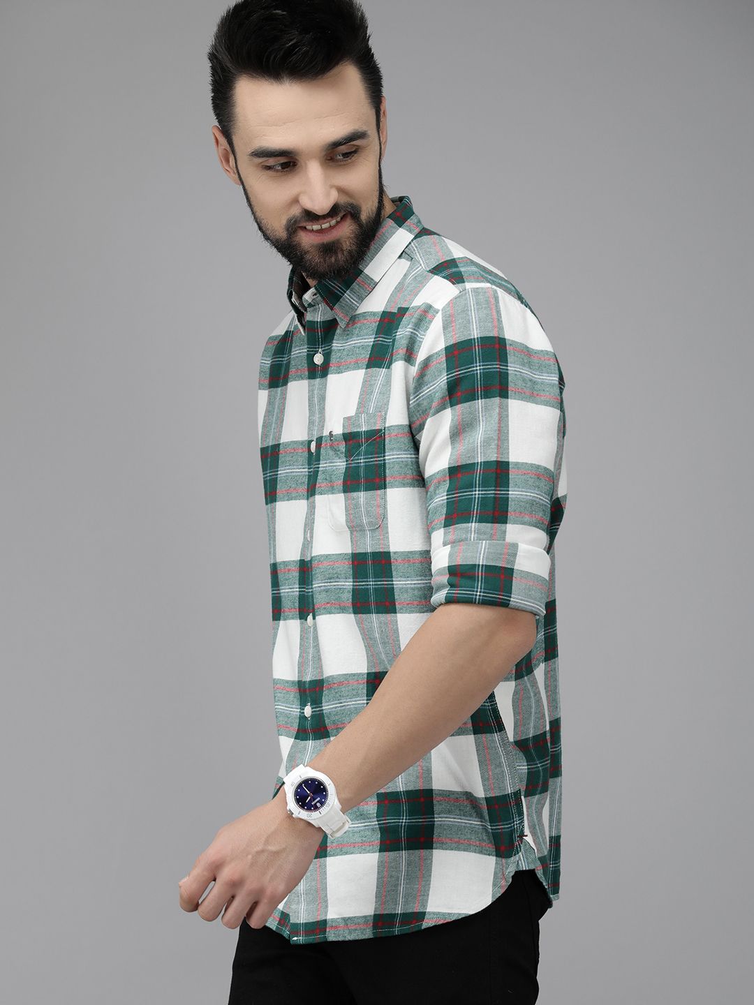 THE BEAR HOUSE Men Green Pure 8Checked Slim Fit Flannel Casual Shirt