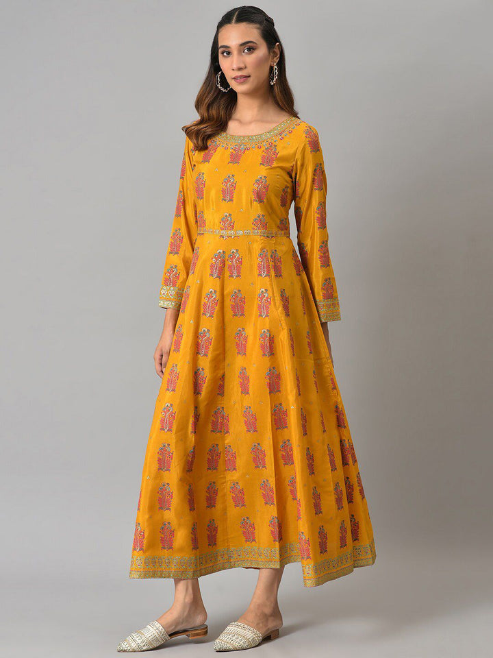 W Yellow Ethnic Motifs Printed Maxi Ethnic Dress