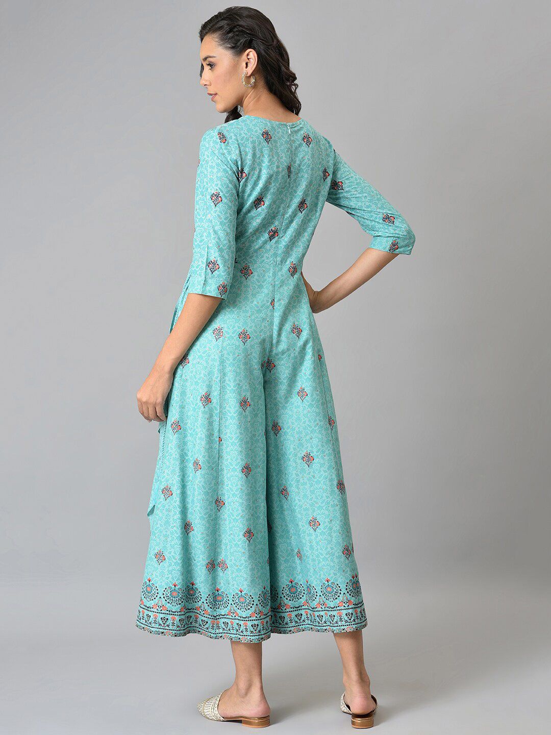 W Women Light Blue Glitter Printed Angrakha Jumpsuit