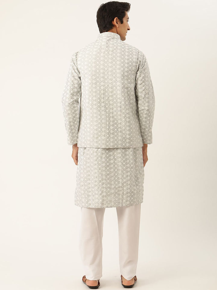 SOJANYA Men Grey Ethnic Motifs Embroidered Thread Work Kurta with Churidar & Nehru Jacket