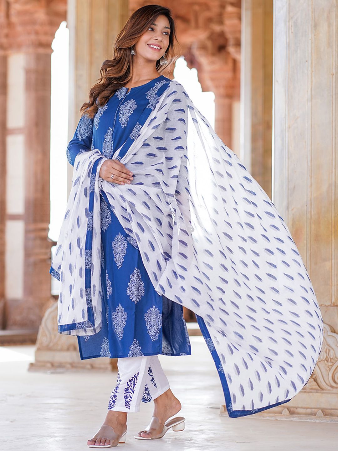 KALINI Paisley Printed Straight Kurta With Trousers & Dupatta