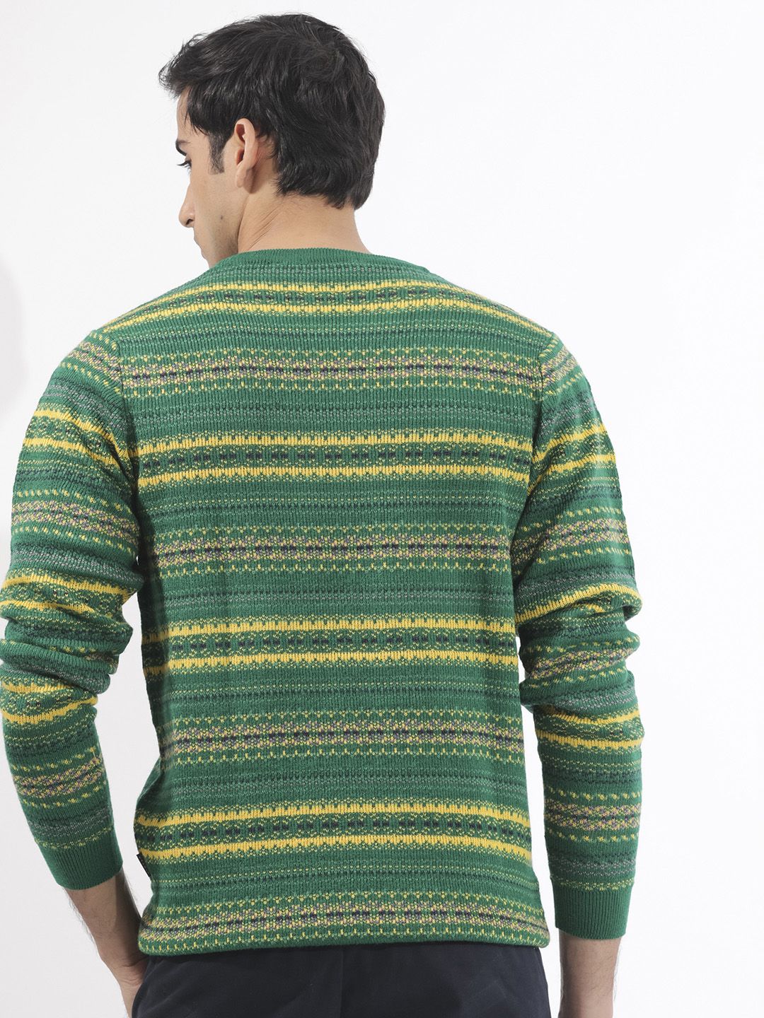 RARE RABBIT Men Fare Crew Neck Chevron Printed Acrylic Sweater
