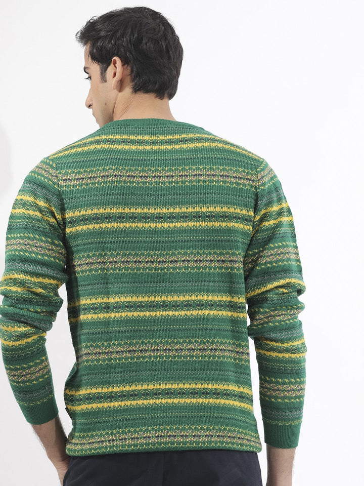 RARE RABBIT Men Fare Crew Neck Chevron Printed Acrylic Sweater