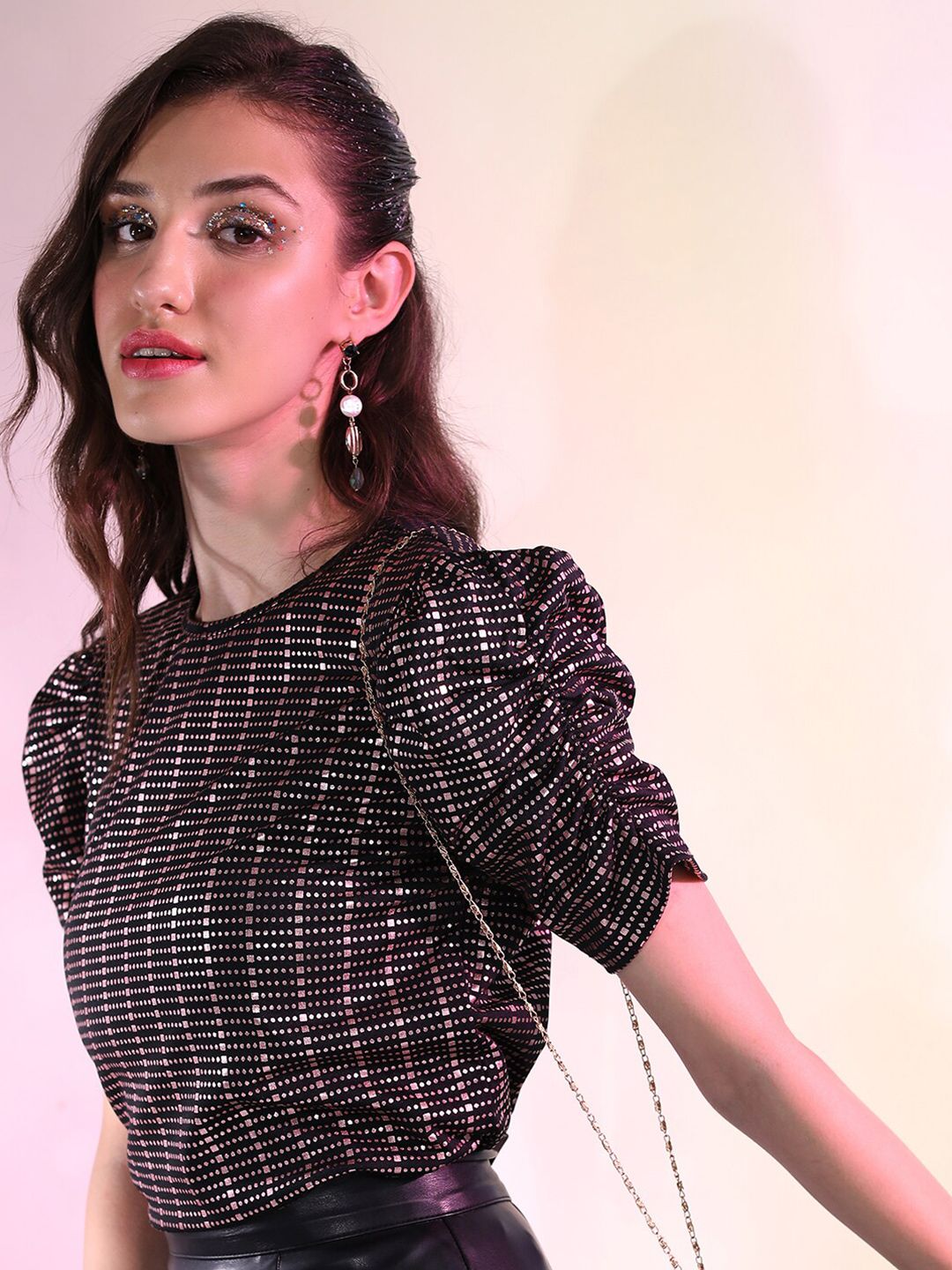 Tokyo Talkies Black & gold-toned Geometric Printed Puff Ruched Sleeves Top