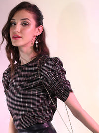 Tokyo Talkies Black & gold-toned Geometric Printed Puff Ruched Sleeves Top
