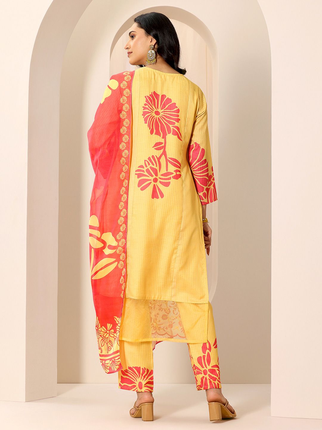 Libas Floral Printed V-Neck Kurta With Trousers And Dupatta