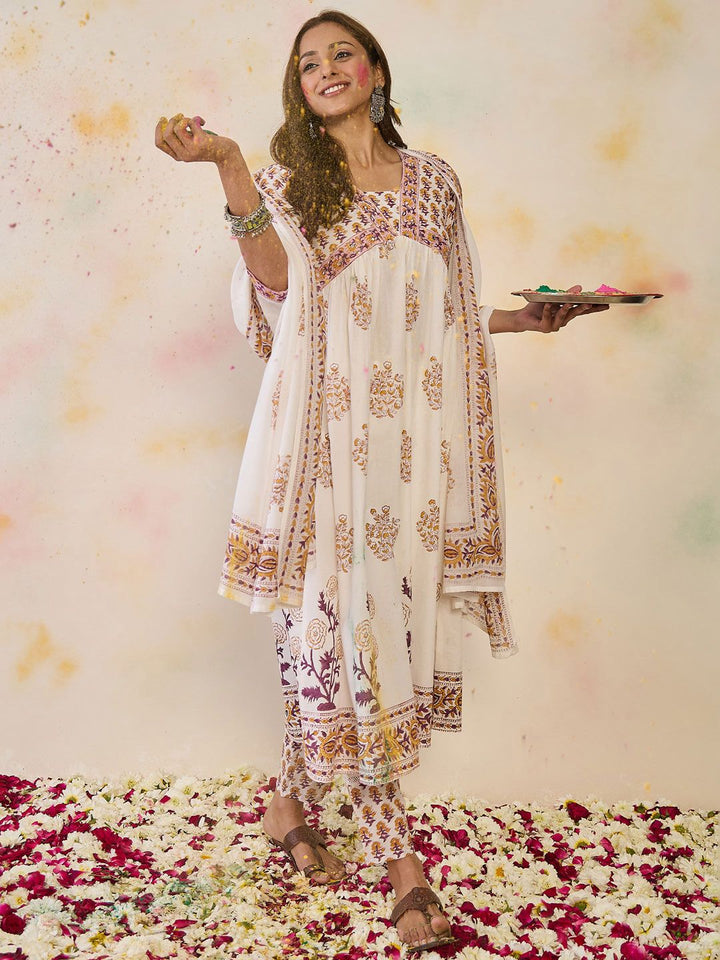 Indo Era Ethnic Motifs Printed Empire Mirror Work Pure Cotton Kurta Set