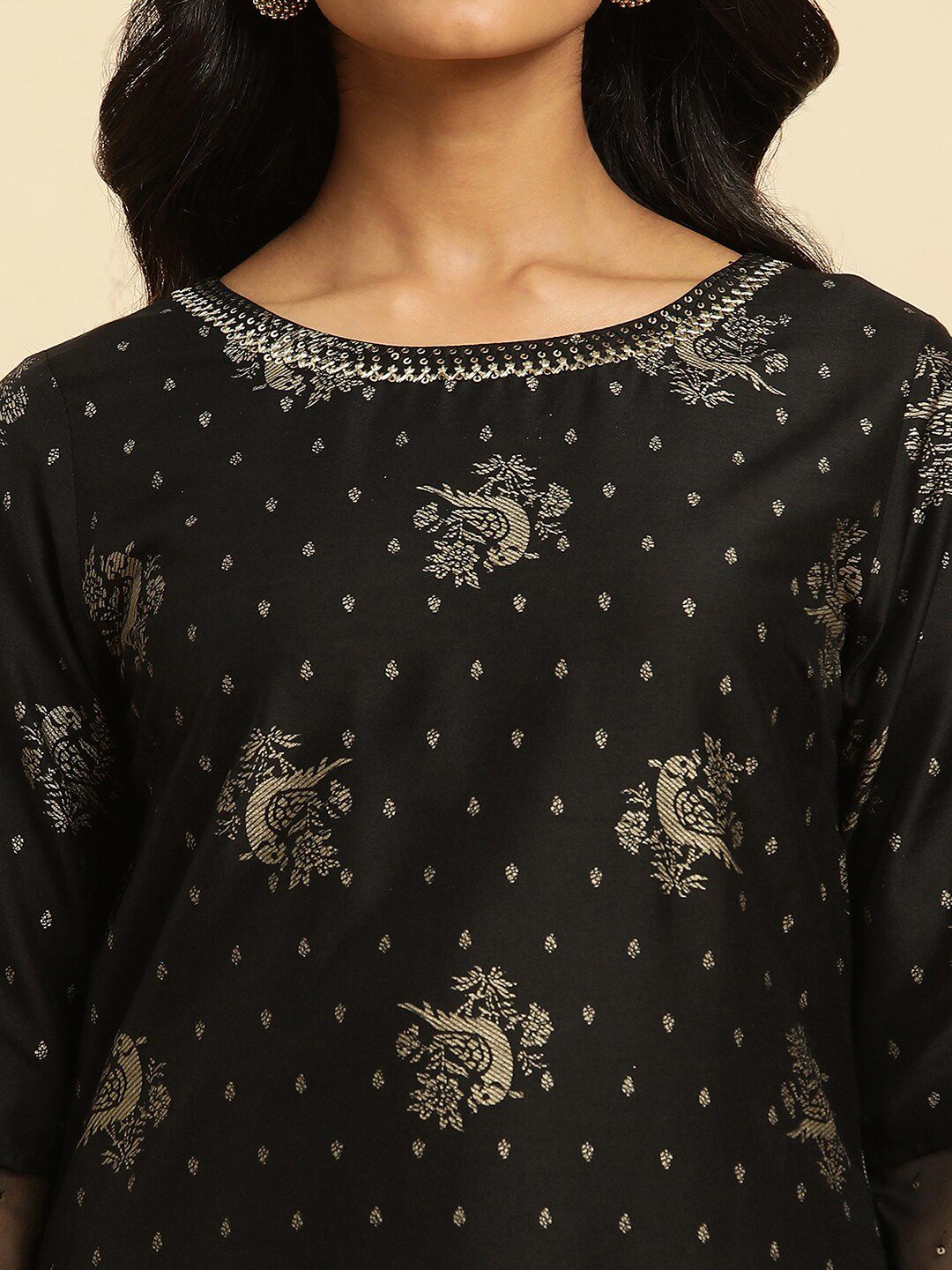 W Black Ethnic Motifs Printed Sequinned Straight Kurta
