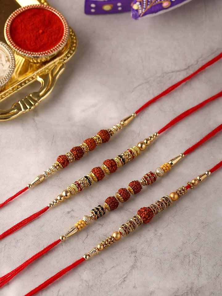 Voylla 4 Pcs Unisex Religious Rudraksha Rakhi Squad with Roli Chaawal Pack