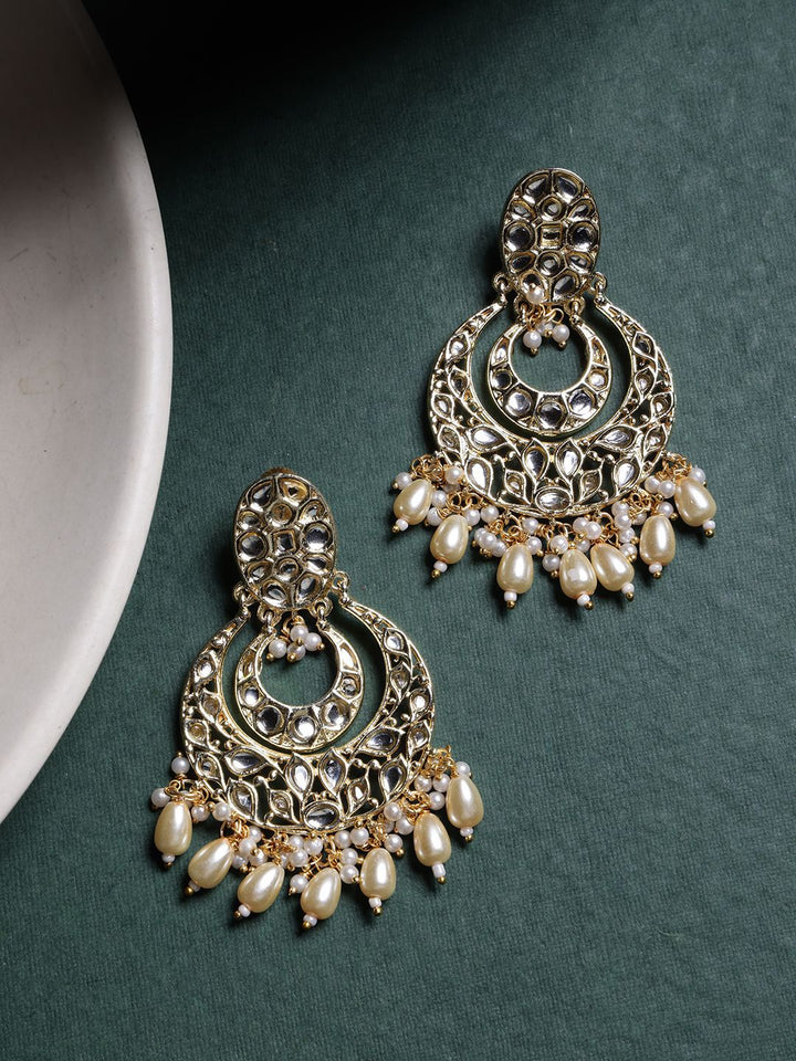 PANASH Gold-Plated Artificial Stones Studded and Beaded Contemporary Shaped Drop Earrings