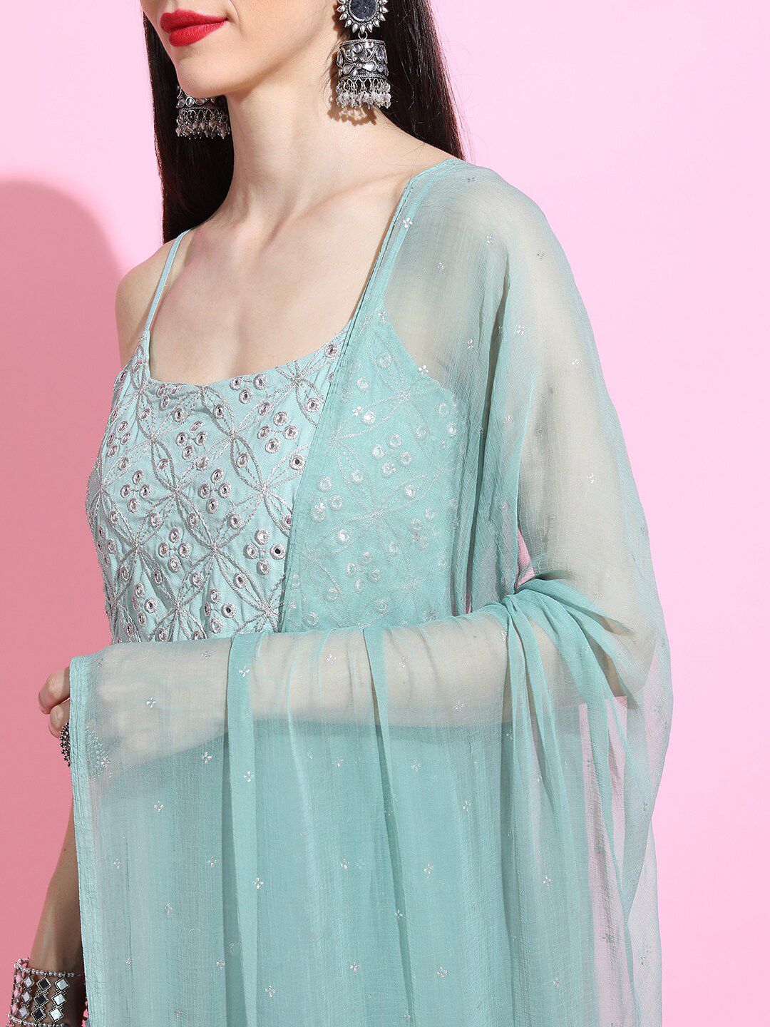 Vishudh Women Sea Green & Silver-Coloured Strappy Tiered Dress With Dupatta