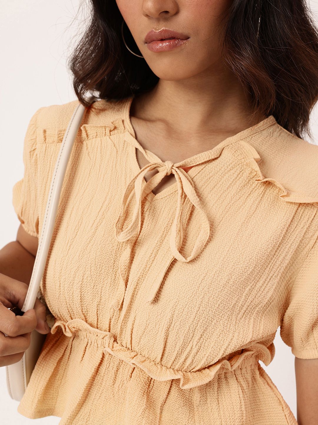 DressBerry Girly Glam Tie-Up Seersucker Ruched Peplum Crop Top