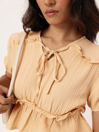 DressBerry Girly Glam Tie-Up Seersucker Ruched Peplum Crop Top