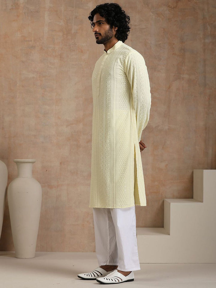 House of Chikankari Men Cream Rayon Sulam Kurta