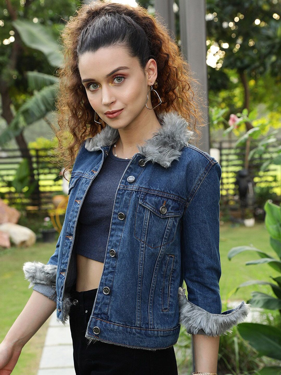 STREET 9 Women Blue Cotton Washed Denim Jacket