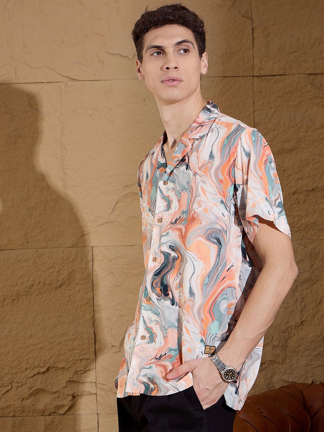 DENNISON Abstract Printed Cuban Collar Smart Oversized Casual Shirt