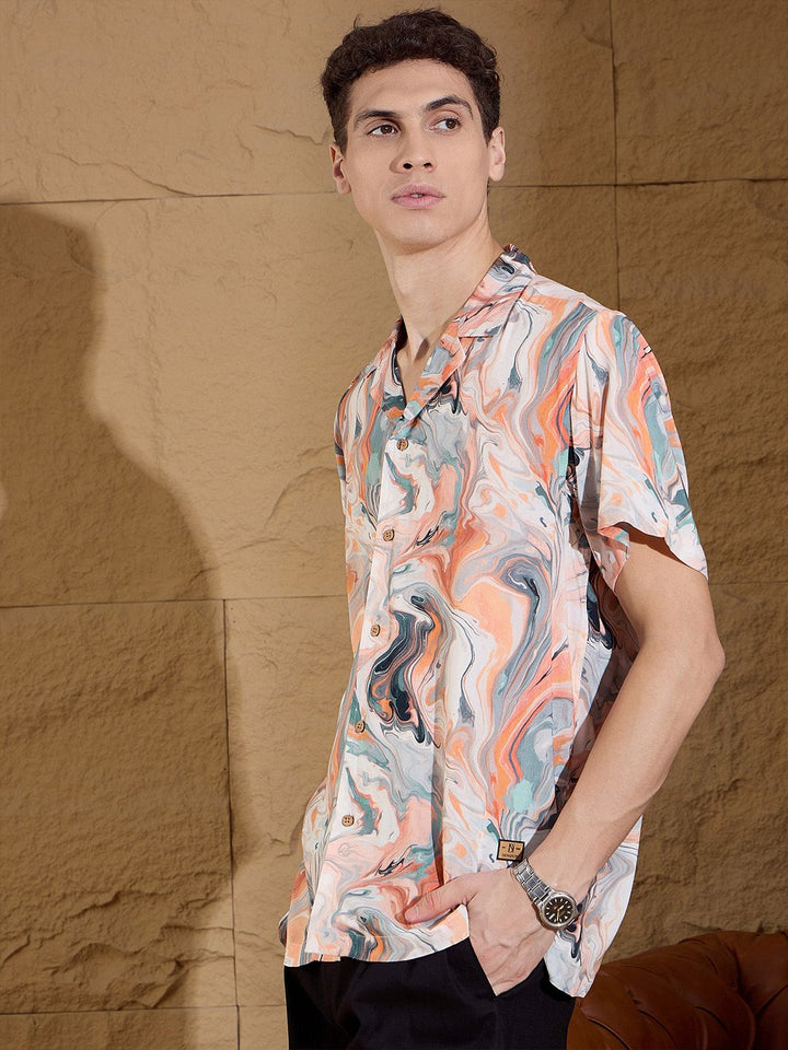 DENNISON Abstract Printed Cuban Collar Smart Oversized Casual Shirt