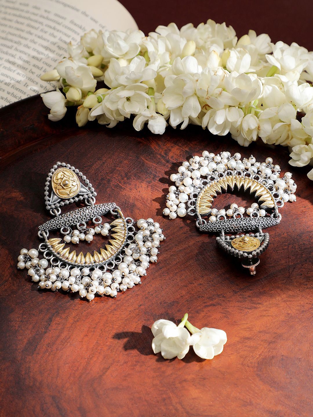 Rubans Oxidised Silver & Gold-Plated Dual-Tone Statement Chandelier with Pearl Drops