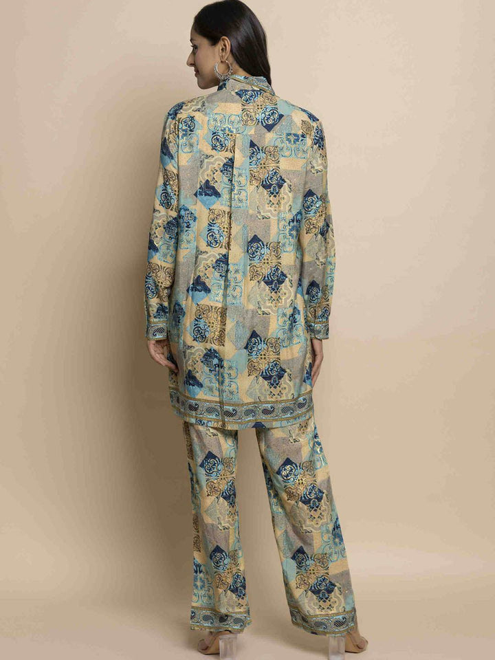 HOUSE OF KARI Printed Chikankari Shirt Collar A-line Tunic With Trousers