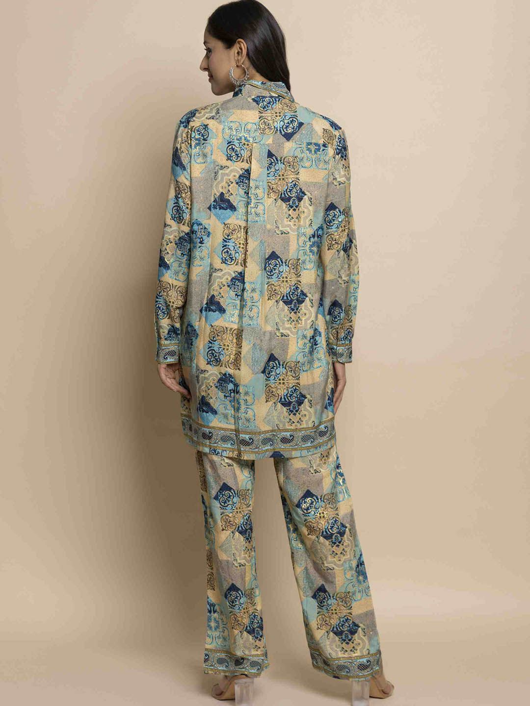 HOUSE OF KARI Printed Chikankari Shirt Collar A-line Tunic With Trousers