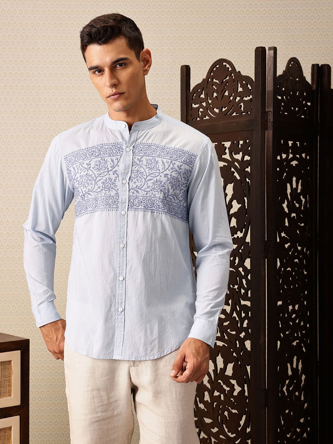 House of Pataudi Floral Embroidered Band Collar Pure Cotton Jashn Shirt