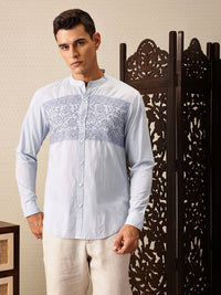 House of Pataudi Floral Embroidered Band Collar Pure Cotton Jashn Shirt