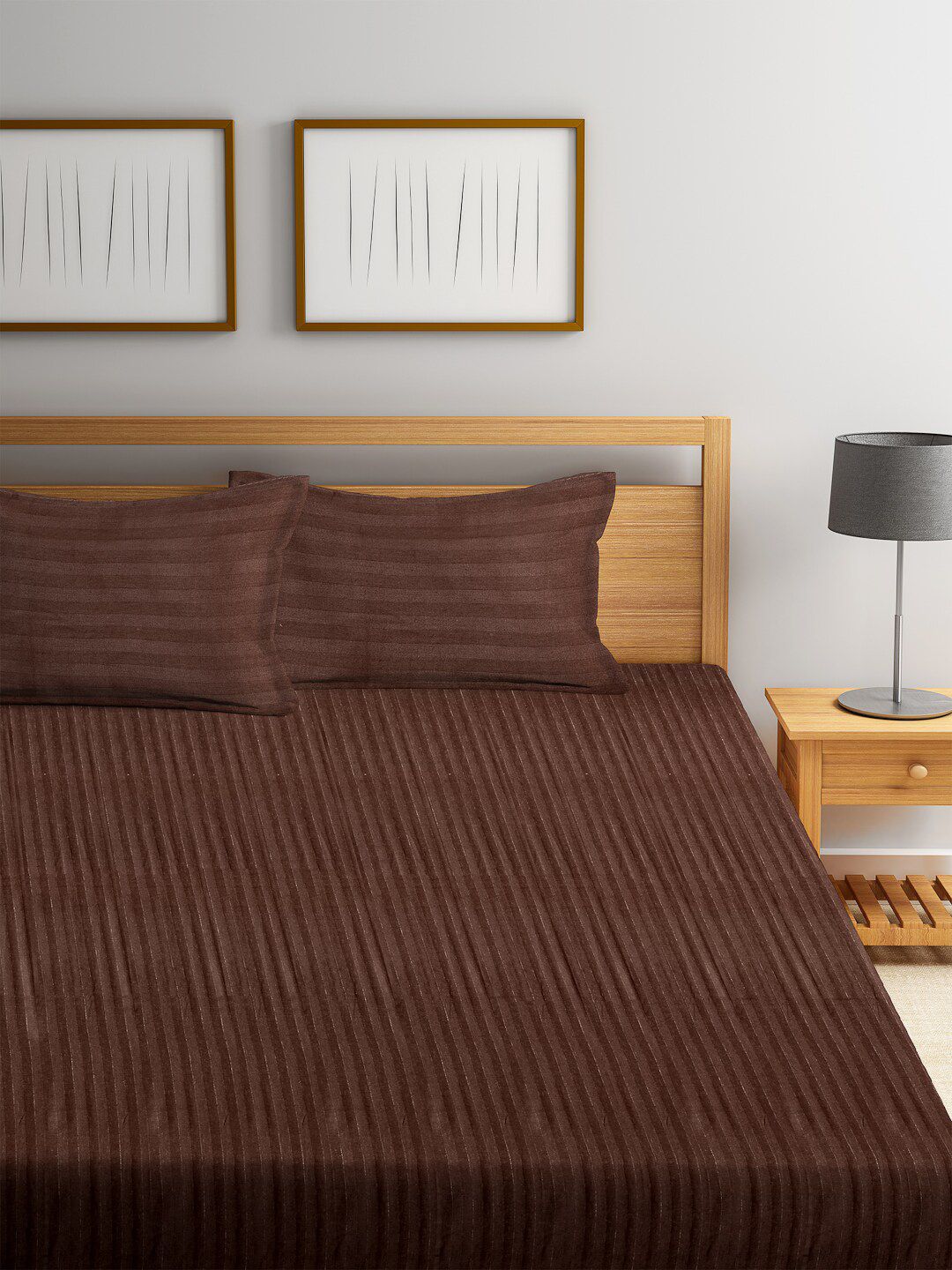 HOSTA HOMES Brown Striped 300TC Double King Bedsheet With 2 Pillow Covers