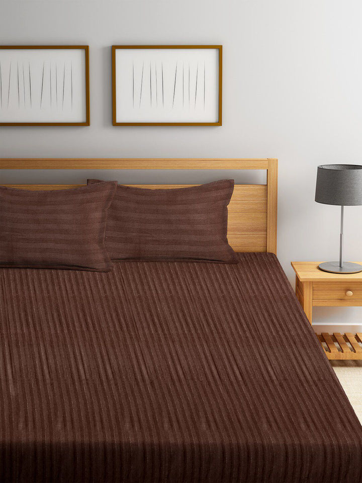 HOSTA HOMES Brown Striped 300TC Double King Bedsheet With 2 Pillow Covers