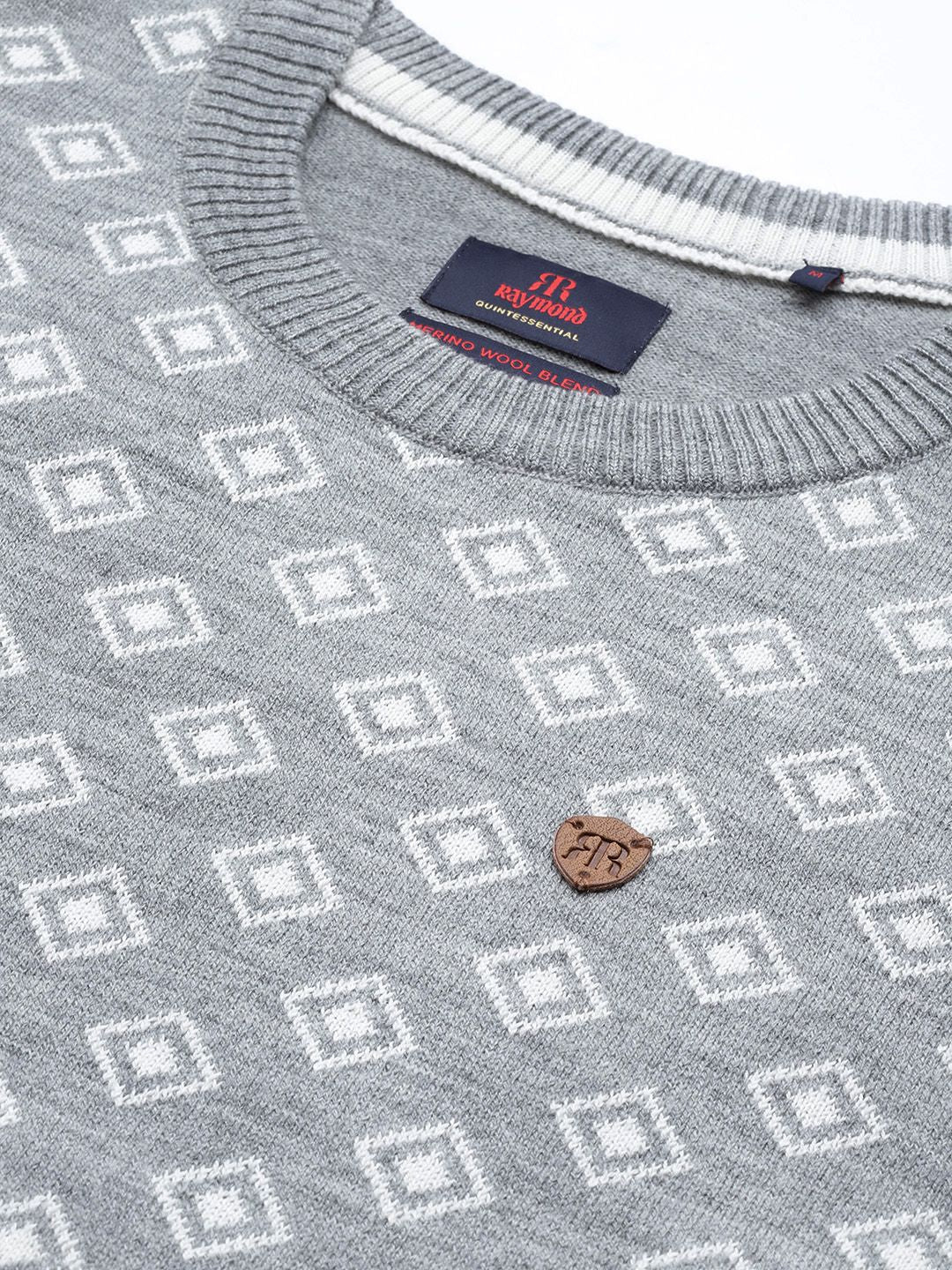 Raymond Men Grey Melange & White Self-Design Pullover